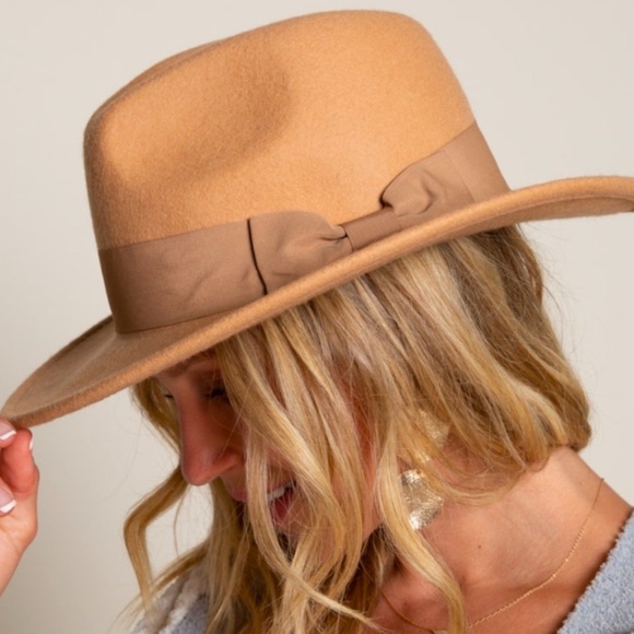 POL Tan Wool Wide Brim Bow Fedora Hat - Picture 3 of 7